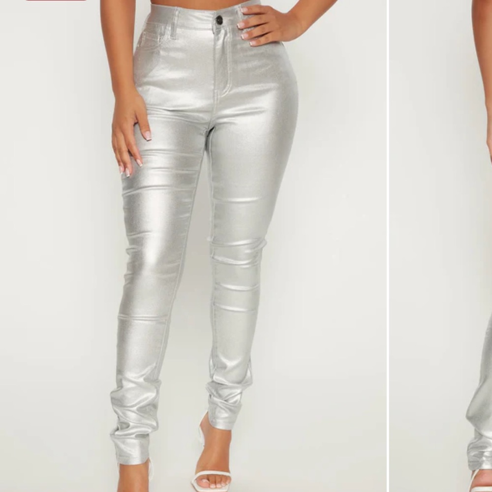Fashion Nova Silver Faux Leather Skinny Pants | High Rise | Stretch | Size S